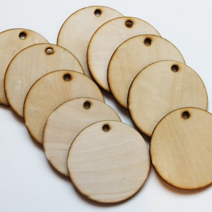 Unfinished Wooden Circles with hole 4 1/2&quot; Set of 10, wood discs ornament Holiday Craft supplies Natural Laser Craft Round Christmas shapes