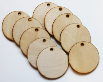 Unfinished Wooden Circles with hole 4 1/2" Set of 10, wood discs ornament Holiday Craft supplies Natural Laser Craft Round Christmas shapes