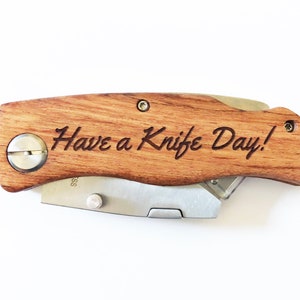 Personalized Engraved Folding Utility Knife with Wood Handle and Blade, Box Cutter, Multi Purpose Tool, Men's Gift, Have a Knife Day Dad