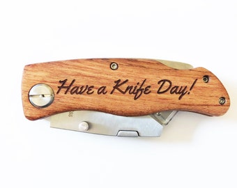 Personalized Engraved Folding Utility Knife with Wood Handle and Blade, Box Cutter, Multi Purpose Tool, Men's Gift, Have a Knife Day Dad