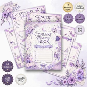 Puede incluir: Un conjunto de 12 páginas imprimibles para un libro de recuerdos de conciertos en tonos morados, con ilustraciones florales, mariposas y motivos celestiales. Las páginas incluyen campos de texto para detalles de conciertos, nombres y fechas.