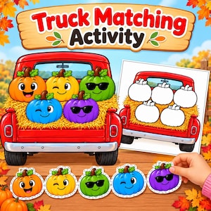 Peut inclure: Un jeu éducatif Truck Matching Activity illustrant un pick-up rouge transportant cinq citrouilles de dessin animé colorées. Comprend une feuille d'exercices avec cinq contours de citrouilles vides et cinq découpes de citrouilles individuelles.