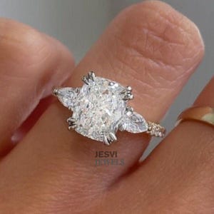 3 CT Cushion Cut Bridal Ring Three Stone Anniversary Ring Cushion Cut Colourless Moissanite With Pear Side Stone Wedding Bridal Ring For Her