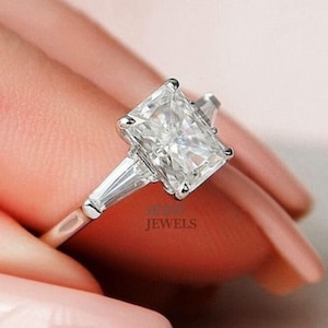 Radiant Cut Lab Grown Diamond Ring: Three Stone Baguette, Yellow Gold Sterling Silver
