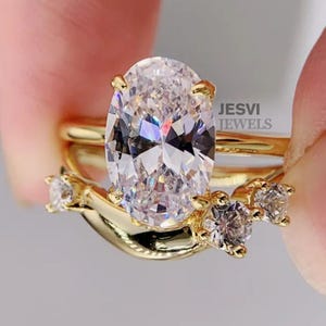 3CT Oval Engagement ring Gold Travel ring Set Unique Silver Promise ring Wedding ring Simulated diamond Solitaire ring band gift for her