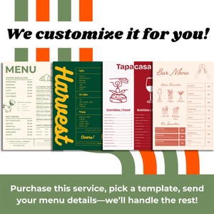 Menu Template Customization Service done-for-you professional editable Canva menu design personalized for restaurant cafe or bar businesses