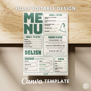 Pode incluir: Um modelo de menu verde e branco com seções para "Pratos Pequenos", "Hambúrgueres" e "Acompanhamentos". O design inclui o texto "FULLY EDITABLE DESIGN" e "Canva TEMPLATE". Há também uma ilustração de frango.