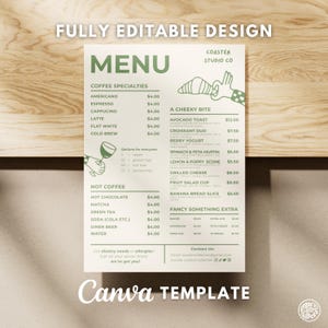 Plantilla de menú de cafetería editable: Tablero de menú retro minimalista (Canva A4 y carta estadounidense 8.5 x 11 descarga digital)