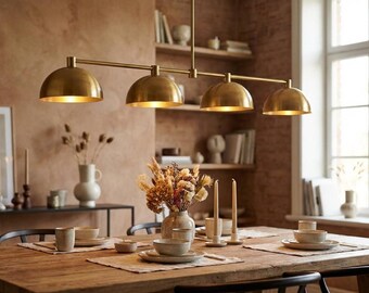Modern Linear Chandelier, 4 Light Kitchen Island Fixture, Brass Dining Room Ceiling Lamp, Mid Century Hanging Lighting, Handmade Home Decor