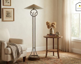 Sculptural Mid-Century Modern Floor Lamp | Metal, Wood Base, Aged Brass Shade