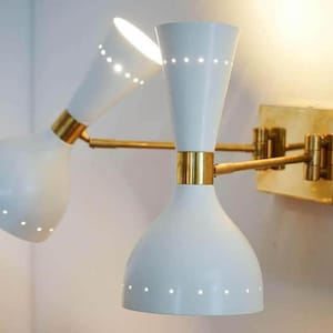 Modern Brass Wall Sconce Lamp, Two Cone Shades, Angled Arm, Bathroom Vanity Light, Luxury Vanity Lamp