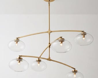 Brass Chandelier, Modern Ceiling Light with Glass Globes, Large Fixture