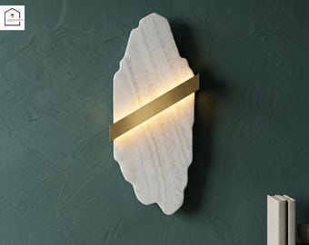 Handcrafted White Marble Wall Lamp, Brushed Gold Accent, Modern Sconce