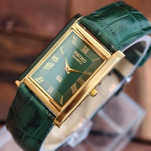 Seiko Slim Tank Quartz Vintage Watch Gold Plated Rectangular Case, Green Roman Numeral Dial image 1