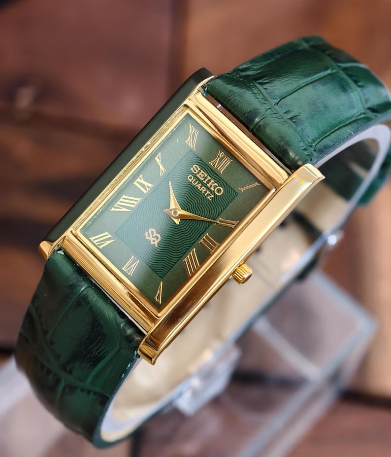 Seiko Slim Tank Quartz Vintage Watch Gold Plated Rectangular Case, Green Roman Numeral Dial image 1