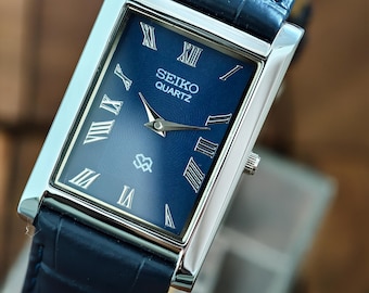 Vintage Seiko Quartz Elegant Rectangular Slim Tank Watch Blue Dial  Blue Leather Band