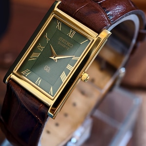 Vintage Seiko Tank Watch: Gold Plated Rectangular Case, Green Roman Numeral Dial