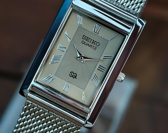 Vintage Seiko Slim Tank Grey Roman Numeral Dial  Rectangular Quartz Watch