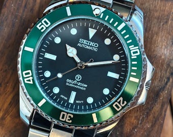 Reloj de pulsera automático Seiko vintage para hombre de 42 mm con bisel verde y esfera negra, ref. 6309