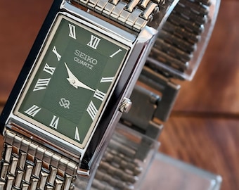 Vintage Seiko Slim Tank Quartz Watch Green Roman Numeral Dial Japan Made Unisex Watch