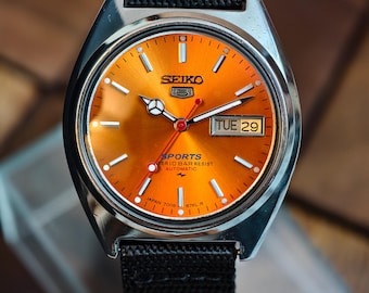 ヴィンテージ セイコー 5 自動巻き腕時計 - 1980年代 オレンジ文字盤