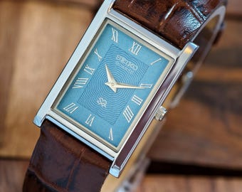 Vintage Seiko Slim Tank Quartz Rectangular Watch – Blue Dial, Roman Numerals,  Leather Strap