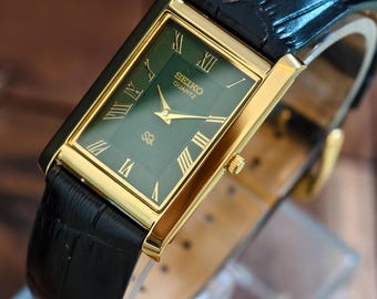 Reloj Seiko Tank vintage: chapado en oro, esfera con números romanos verdes