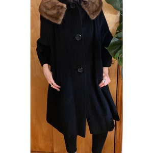1950s Black Wool Swing Coat with Fur Trim