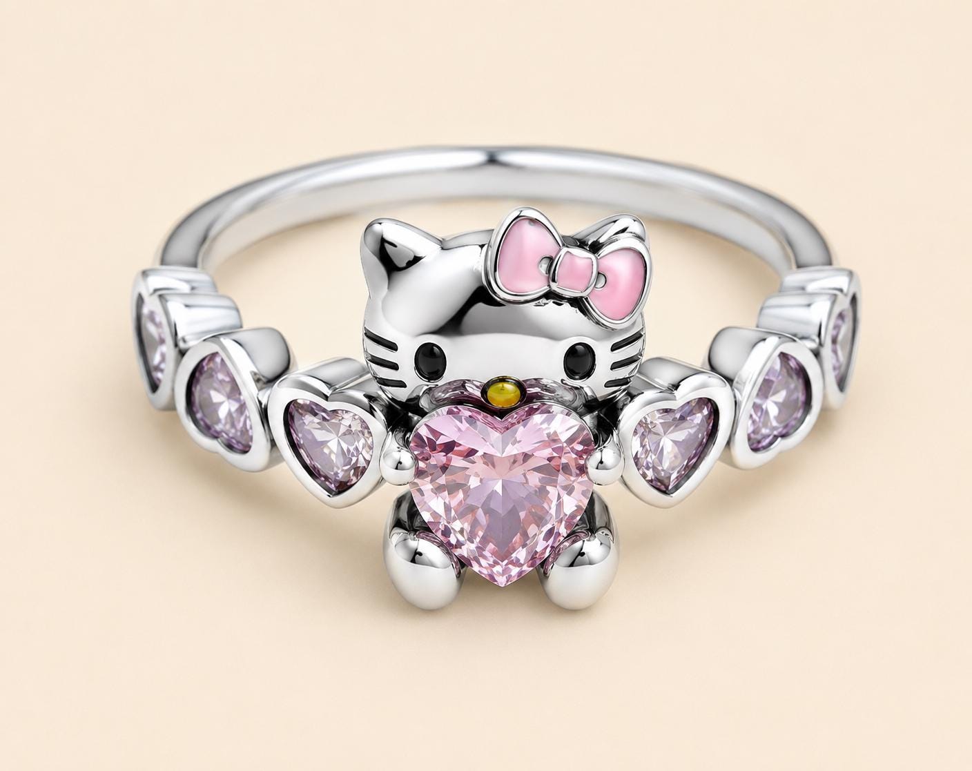 Hello Kitty Sterling Silver Ring S925, Pink Heart CZ Ring, Cute Kawaii Cat Ring, Women's 925 Silver Jewelry, Gift for Her