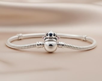 Pandora Style Stitch Bracelet, Sterling Silver 925, Snake Chain Charm Bracelet with Character Clasp, Includes Gift Pouch, Women Jewelry Gift