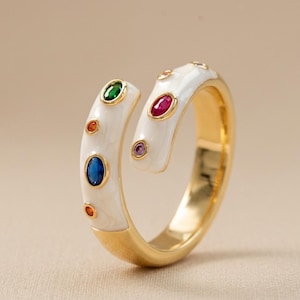 Pandora Style Adjustable Ring 925 Sterling Silver, White Enamel Multicolor Gemstone Ring, Open Ring for Women, Statement Jewelry Gift