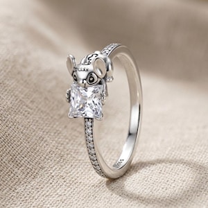 Cute Alien Silver Ring with Crystal | S925 Sterling Silver Ring, Kawaii Character Jewelry, Dainty Ring, Gift for Her, Multiple Sizes