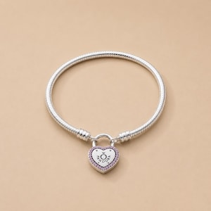 Pandora Heart Bracelet 925 Sterling Silver, Snake Chain Bracelet with Pink Crystal Lock Charm, Romantic Gift for Her, Elegant Jewelry