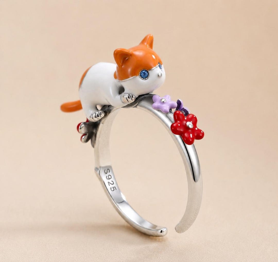 Cute Cat Ring S925 Sterling Silver Adjustable Ring Kawaii Kitten Ring ...