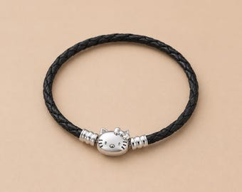 925 Silver Kitty Bracelet | Pandora Style | Black Leather | Cute Cat Charm