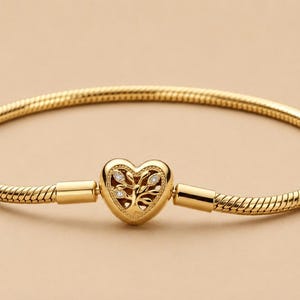 Pandora Sterling Silver 925 Gold Tree of Life Bracelet, Snake Chain Charm Bracelet with Heart Clasp, Includes Pandora Black Pouch, Jewelry