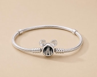 925 Sterling Silver Mouse Charm Bracelet, Castle Charm, Snake Chain Bracelet, Theme Park Inspired Jewelry Gift