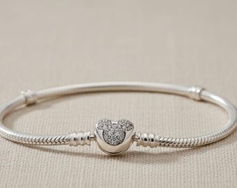 Elegant Sterling Silver 925 Mickey Mouse Charm Bracelet – Pandora Style Snake Chain