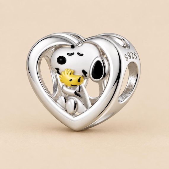 Snoopy Inspired Heart Charm with Woodstock, 925 Sterling Silver Pandora Compatible Bracelet Charm, Friendship Gift
