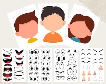 May include: A craft template with the text "Bastelvorlage mit 10 Kindergesichtern". The template includes three cartoon child figures with blank faces, and various facial features like eyes, mouths, and noses for customization.