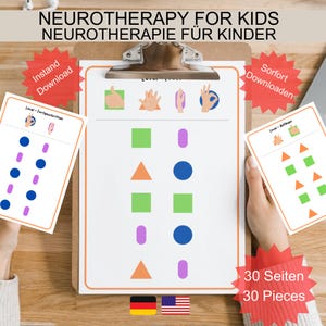 Puede incluir: Un portapapeles con materiales educativos impresos para niños. Los materiales incluyen formas y patrones, con el texto "NEUROTHERAPY FOR KIDS" y "30 Pieces". La imagen también incluye las banderas alemana y estadounidense.