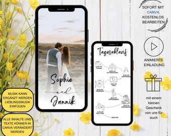May include: Two smartphones displaying wedding invitation designs. One shows a couple, the other a schedule. Text includes "Sophie and Jannik", "Animated Invitation", and "Edit with Canva". Yellow flowers are in the background.