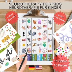 Puede incluir: Un portapapeles con una cuadrícula de ilustraciones coloridas de animales y personajes, con el texto "NEUROTHERAPY FOR KIDS" en la parte superior. También se ven varias páginas impresas con ilustraciones y texto. La imagen incluye el texto "Instant Download" y "15 Pieces".