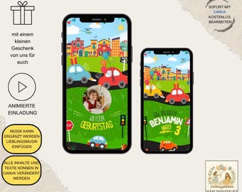 Può includere: Due smartphone che mostrano un invito di compleanno colorato. Il design presenta auto dei cartoni animati, edifici e la foto di un bambino. Il testo include "Wir Feiern Geburtstag" e "Benjamin wird 3".