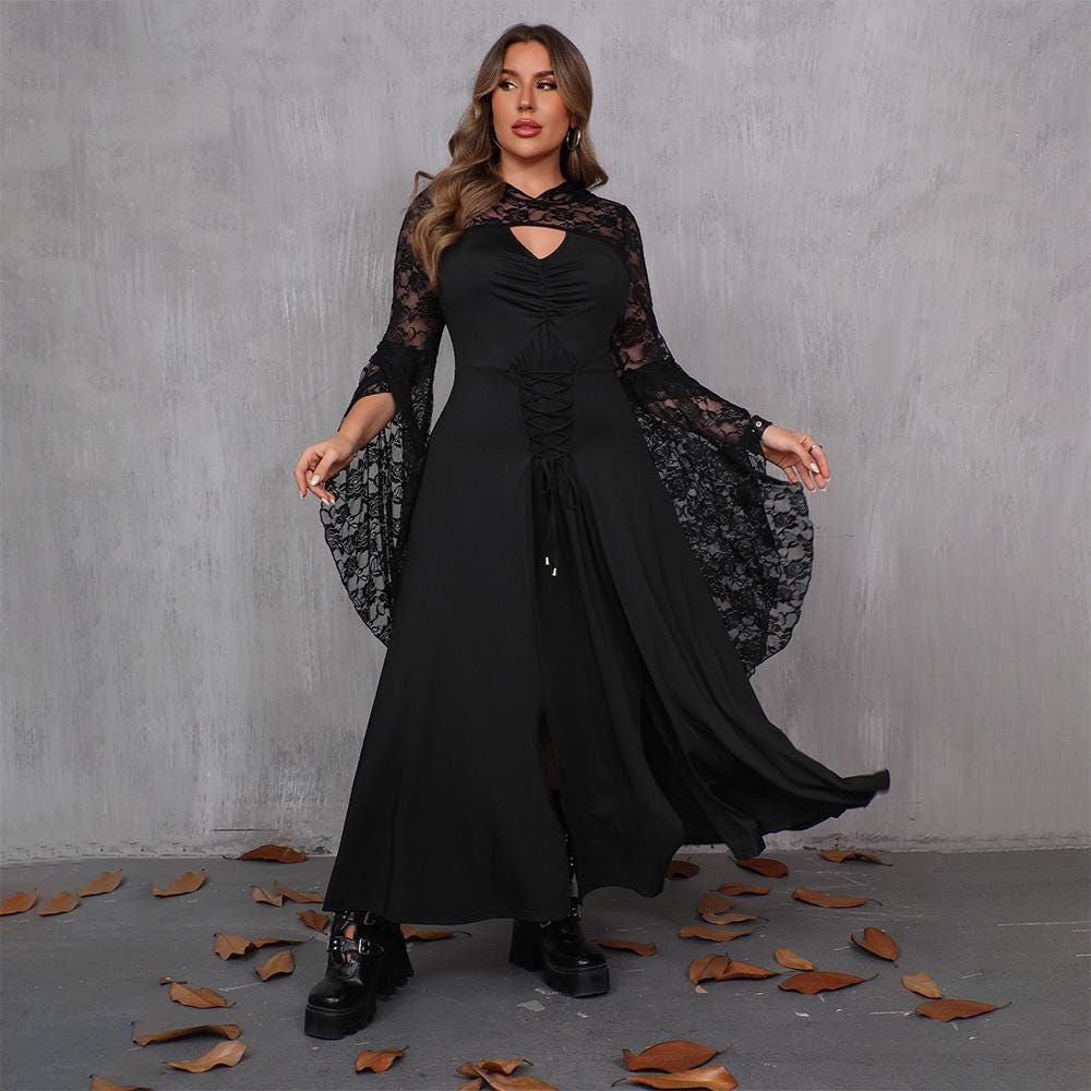 LVCBL Gothic Kleid Damen Halloween - Dunkles Langarm Kostüm Mittwoch Style