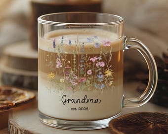 Taza personalizada para abuela primeriza, regalo para abuela primeriza, taza de café de cristal con flores, regalo personalizado para abuela primeriza, regalo de embarazo