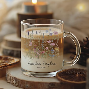 Regalo personalizado para tía primeriza, taza de café de cristal con flores personalizada con nombre, regalo para revelar el embarazo de tu hermana, anuncio de bebé, regalo para tu mejor amiga.