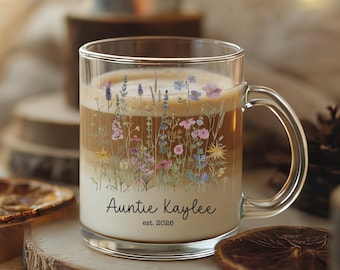 Regalo personalizado para tía primeriza, taza de café de cristal con flores personalizada con nombre, regalo para revelar el embarazo de tu hermana, anuncio de bebé, regalo para tu mejor amiga.