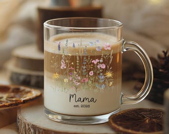 Taza de café para futura mamá, regalo personalizado para embarazadas, tazas de vidrio con nombre floral para mamá, regalo para nueva mamá, regalo para baby shower, taza para mamá