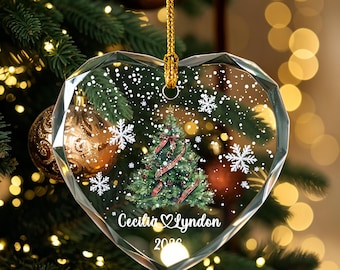 Ornamento natalizio personalizzato per coppia, albero di Natale acquerello, decorazione natalizia per la casa, albero di Natale con fiocco di neve, regalo per lei